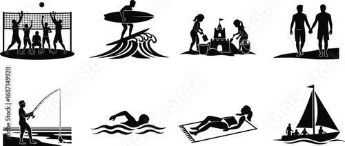 Silhouettes of people playing beach volleyball, surfing, building sandcastles, walking on the beach, fishing, swimming, sunbathing, and sailing boat