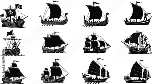 Silhouettes of pirate ship, Viking longship, galleon, Chinese junk, sailing vessels, historical ships, and seafaring boats vector art