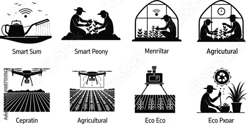 Smart agriculture technology with drones, automated watering, greenhouse farming, eco-friendly practices, and sustainable crop monitoring for modern farming solutions