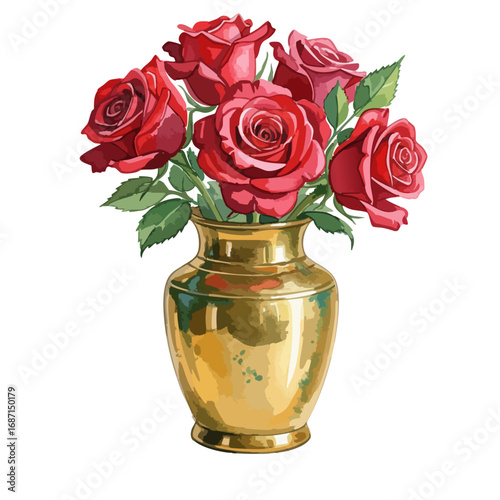 Brass Flower Pot/ Vase with Red Rose Flowers Isolated on Transparent PNG Background- Watercolour Art