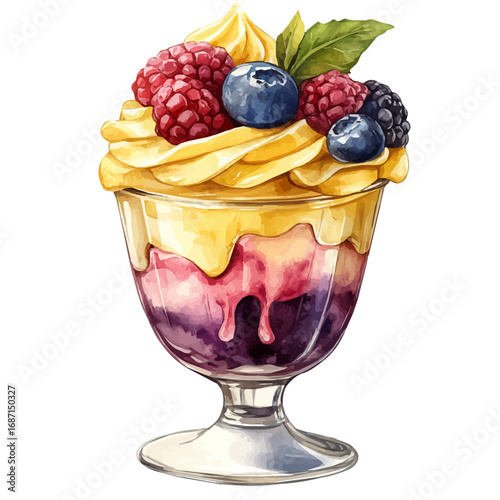 Ice Cream Sundae, watercolor drawing vector, isolated on a white background.