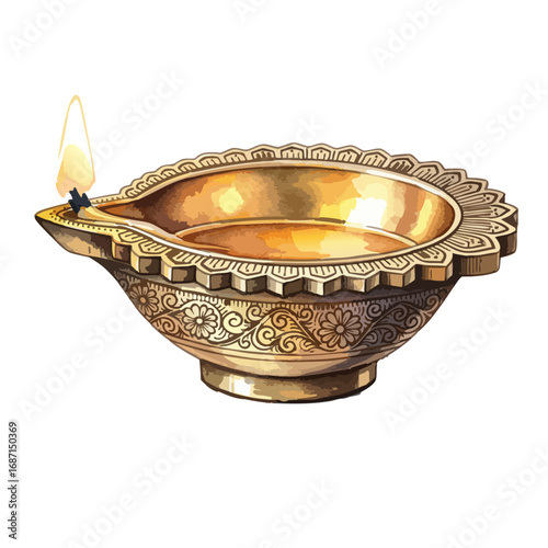 Brass Diya with Intricate Floral Design Isolated on Transparent PNG Background- Watercolour Art