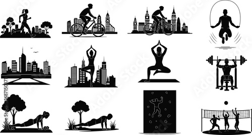 Sports and fitness silhouettes, jogging, cycling, yoga, weightlifting, jump rope, push-ups, rock climbing, volleyball, outdoor and urban exercise