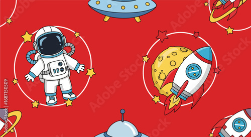 Adobe illustrator artwork vector illustration. A vibrant seamless vector pattern on a red background featuring adorable cartoon astronauts, rockets, planets, moons, UFOs, and stars. Perfect for kids