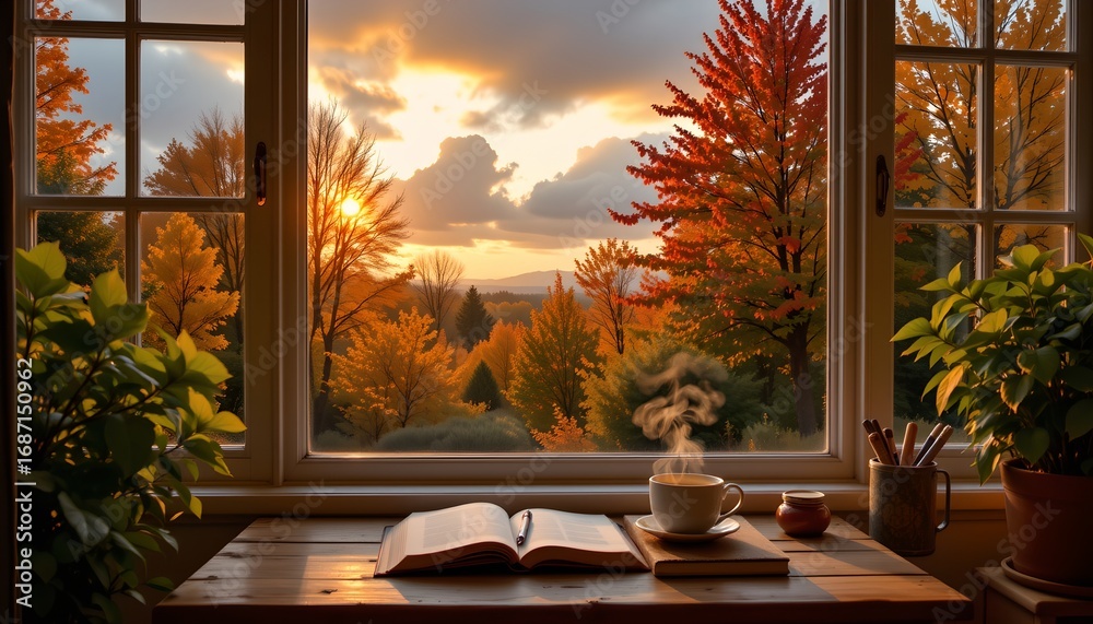 Fototapeta premium Cozy Sunset Scene with Book and Autumn View