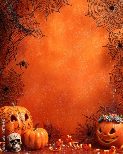 Halloween vertical scene with glossy jack-o'-lanterns, cracked pumpkin, candle glow, spider webs, silver confetti, skull, orange ribbon, gradient background for social media, mobile wallpaper

