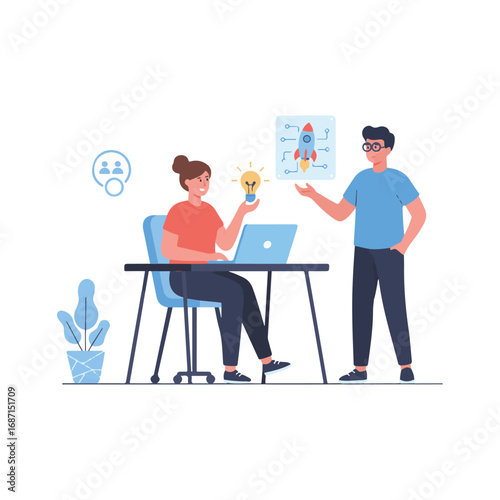 Business Startup Brainstorming Teamwork with Laptop and Innovation Idea Illustration
