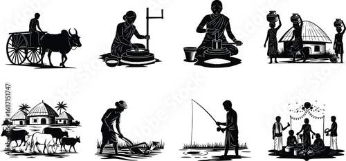 Traditional village life illustration with farming, cooking, water fetching, cattle cart, fishing, huts, and rural Indian cultural scene