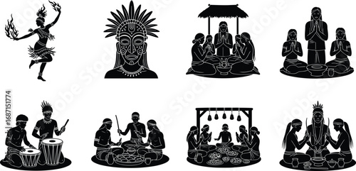 Tribal culture vector set, traditional dance, drumming, face paint, community feast, cultural rituals, indigenous lifestyle, ethnic celebration icons