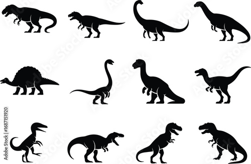 Dinosaur silhouettes collection, prehistoric animal icons, black vector dinosaurs, extinct species illustration, Jurassic creatures set, educational graphic design