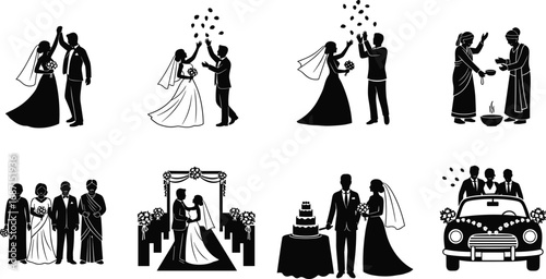 Wedding ceremony and celebration icons, bride and groom, wedding couple, wedding cake cutting, traditional rituals, family and friends, wedding car
