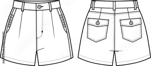 Women’s high waist shorts, button closure, front pleats, side pockets, back flap pockets, belt loops, casual summer wear, stylish shorts design