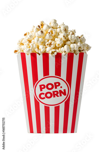 Classic red and white striped popcorn box filled with fresh buttery snack on the transparent background for movie night and entertainment themes