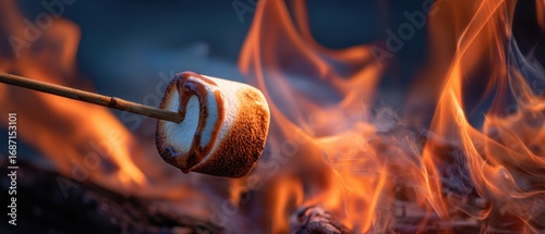 The marshmallow roasting over a vibrant campfire creates a joyful summer moment.