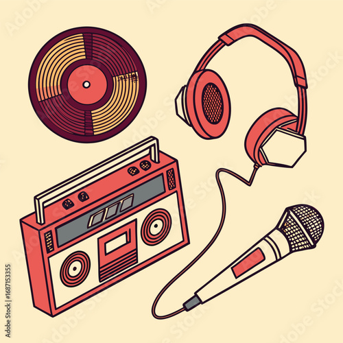 A retro boombox, headphones, a vinyl record, and a microphone are arranged in a stylized illustration on a cream background