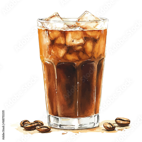 Iced Coffee, watercolor clipart vector, isolated on a white background.