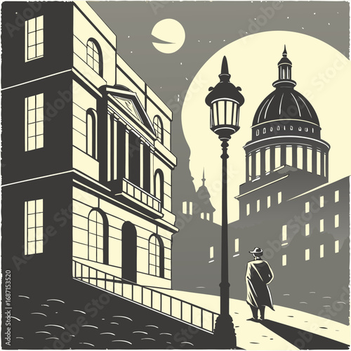 A lone figure in a trench coat walks down a cobblestone street at night, illuminated by a vintage street lamp, with grand architecture and a full moon in the background