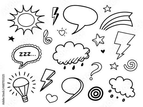 Doodle Collection with Sun Clouds Speech Bubbles Lightning Bolts and Light Bulb hand drawn sketch