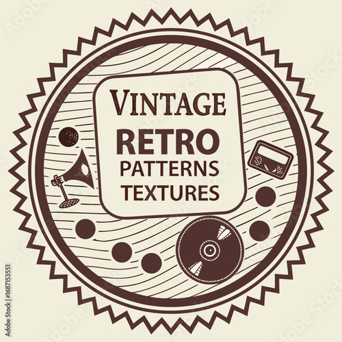 A vintage retro badge design featuring a gramophone, cassette tape, and vinyl record, evoking a sense of nostalgia and classic style