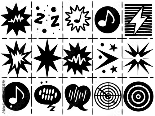 Collection of black and white comic book sound effect and symbol icons explosion