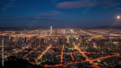 Night Cityscape Aerial View of Illuminated Urban Sprawl and Moon
