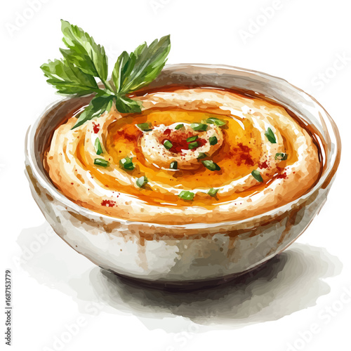 watercolor vector of Hummus, isolated on a white background.