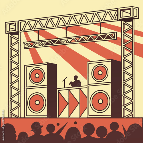 A dj performs on a stage with large speakers and a truss system, illuminated by dramatic red light beams, while a silhouetted crowd watches from below