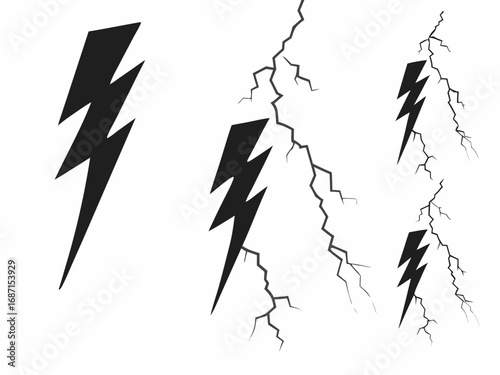 Black lightning bolt icons and jagged lightning strike graphics on a white background Keywords: lightning bolt, thunderbolt, electricity, power, energy, symbol, icon, graphic, design, illustration