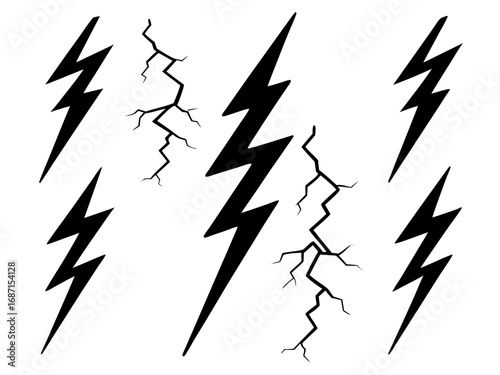 Collection of Black Lightning Bolt and Crack Graphics on White Background crackle thunderbolt