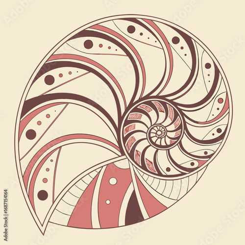 A stylized nautilus shell displays intricate geometric patterns and spiral designs in earthy tones of brown and pink