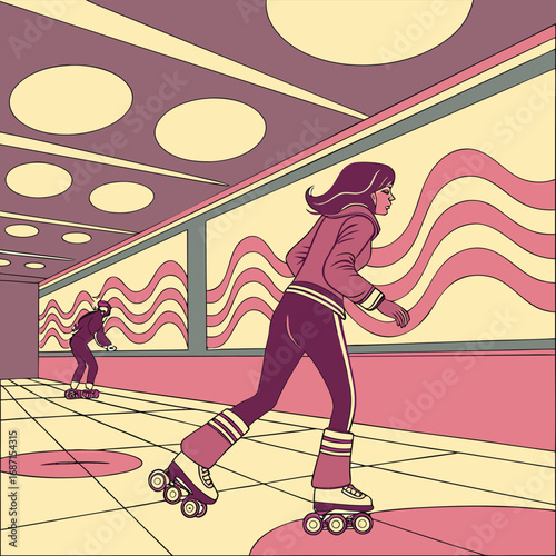 A woman in retro roller skates glides through a stylized hallway with wavy wall art and a checkered floor, while another person skates in the background