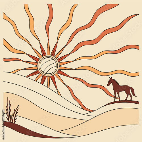 A stylized illustration depicts a solitary horse standing on a rolling hill under a radiant sun with wavy rays, evoking a sense of serene solitude in a desert landscape