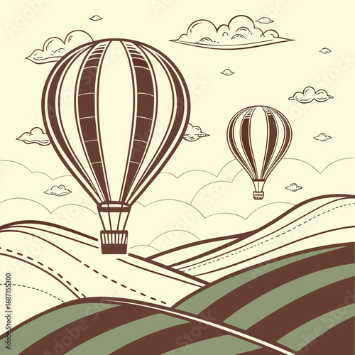 Two vintage hot air balloons gracefully float over rolling hills and scattered clouds in a charming, retroinspired illustration