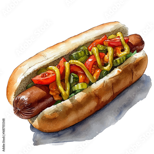 Hot Dog, watercolor vector, isolated on a white background.