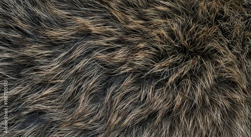 Closeup of animal fur showing a dense textured pattern in shades of brown tan and dark gray
