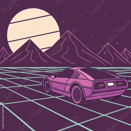 A retrofuturistic pink sports car drives on a glowing grid road under a large, striped moon and purple mountains