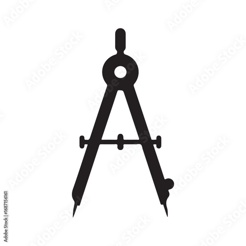 A simplistic image shows a black drafting compass silhouette vector flat illustration design on white background