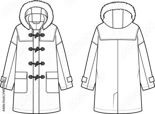 Women’s winter coat with hood, toggle closure, fur trim, long sleeve, warm outerwear, pockets, casual fashion, cold weather essential, stylish and cozy