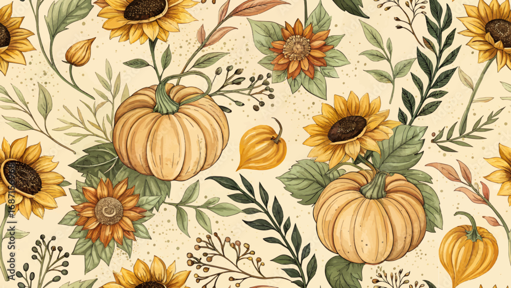 Seamless pattern illustration of pumpkin and sunflower flowers, high resolution, pastel yellow background, designed for printing on fabric or fashion.