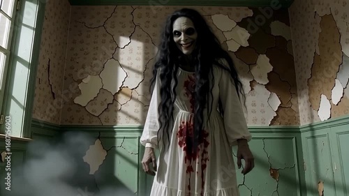 Terrifying spectral figure with bloodied dress haunts dilapidated room, creating chilling suspense