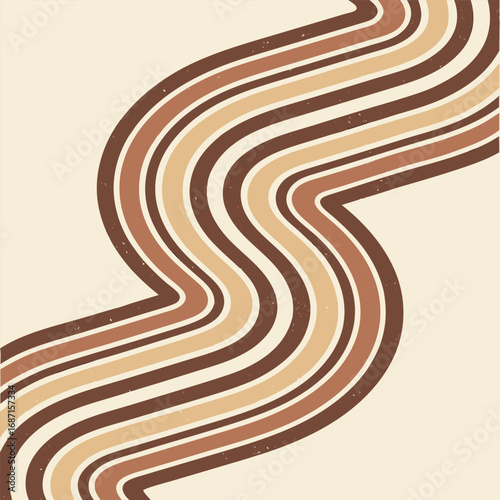 A retroinspired wavy stripe pattern in warm earthy tones of brown, beige, and tan creates a dynamic and visually appealing abstract background