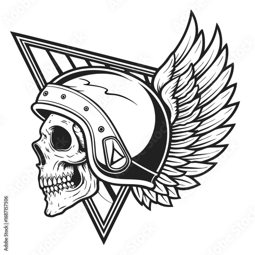 A striking black and white illustration of a skull wearing a vintage helmet with wings and a triangular background, symbolizing freedom and rebellion