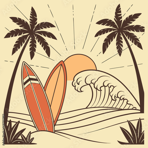 Retro illustration of surfboards on a sandy beach with palm trees, a crashing wave, and a setting sun