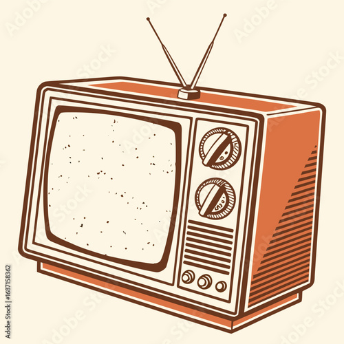 A vintage television with rabbit ear antenna and rotary knobs sits on a light beige background, evoking a sense of nostalgia and retro technology