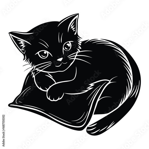 Adorable black kitten sleeping peacefully on a pillow cute animal art