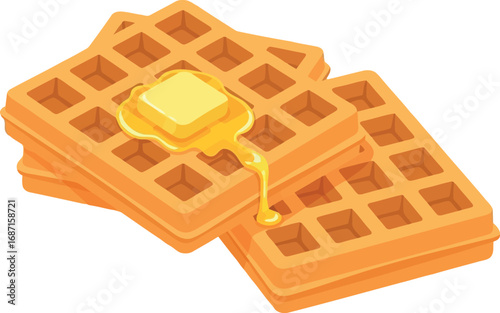 Golden belgian waffles stacked with melting butter delicious breakfast food illustration vector