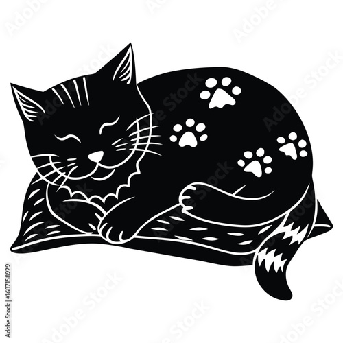 Sleeping American Shorthair Cat silhouette with paws tucked under pillow, side view.