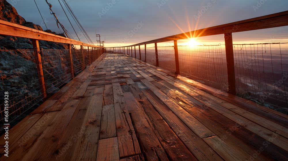 Naklejka premium Mountain walkway at sunset: A wooden bridge stretches towards the sun, offering breathtaking views and a sense of altitude.