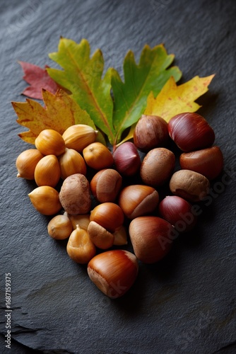 Autumn heart of nuts and leaves on slate background