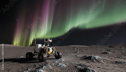A rover explores the lunar surface under a stunning display of the Northern Lights, creating a breathtaking contrast between Earths natural phenomena and the moons barren landscape